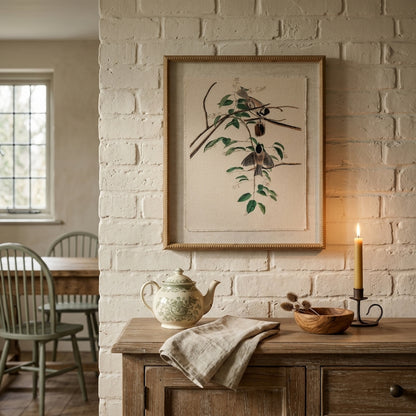 Flora & Fauna Collection Chickadees On Linen In Beaded Frame