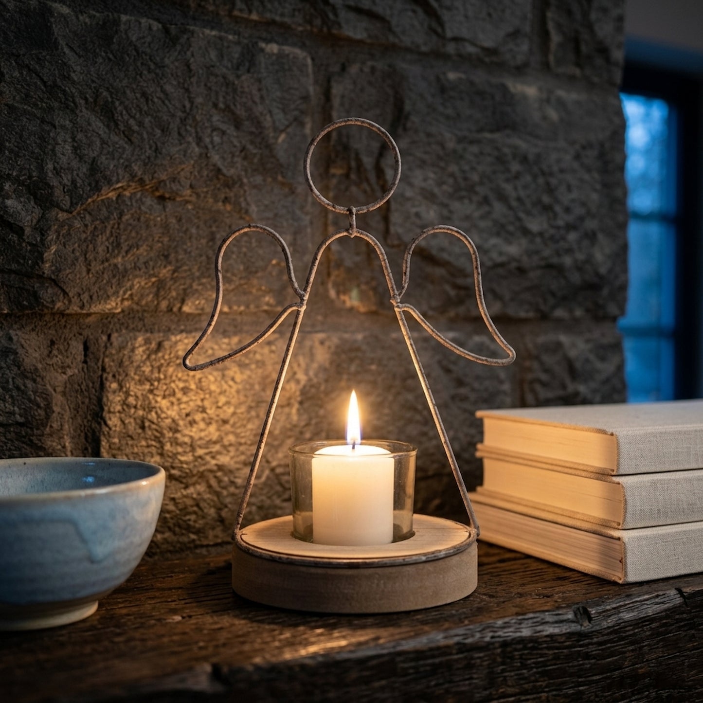 Rustic  Outline Angel Tealight On Stand With Glass Votive