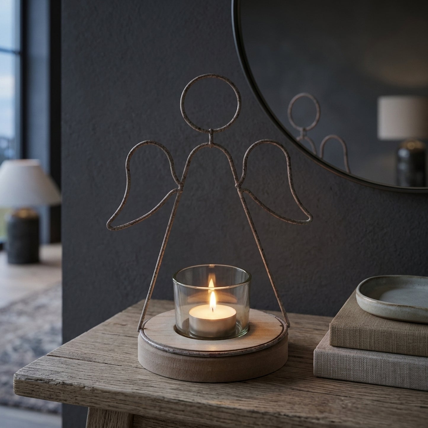 Rustic  Outline Angel Tealight On Stand With Glass Votive