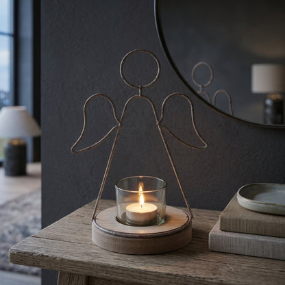 Rustic  Outline Angel Tealight On Stand With Glass Votive