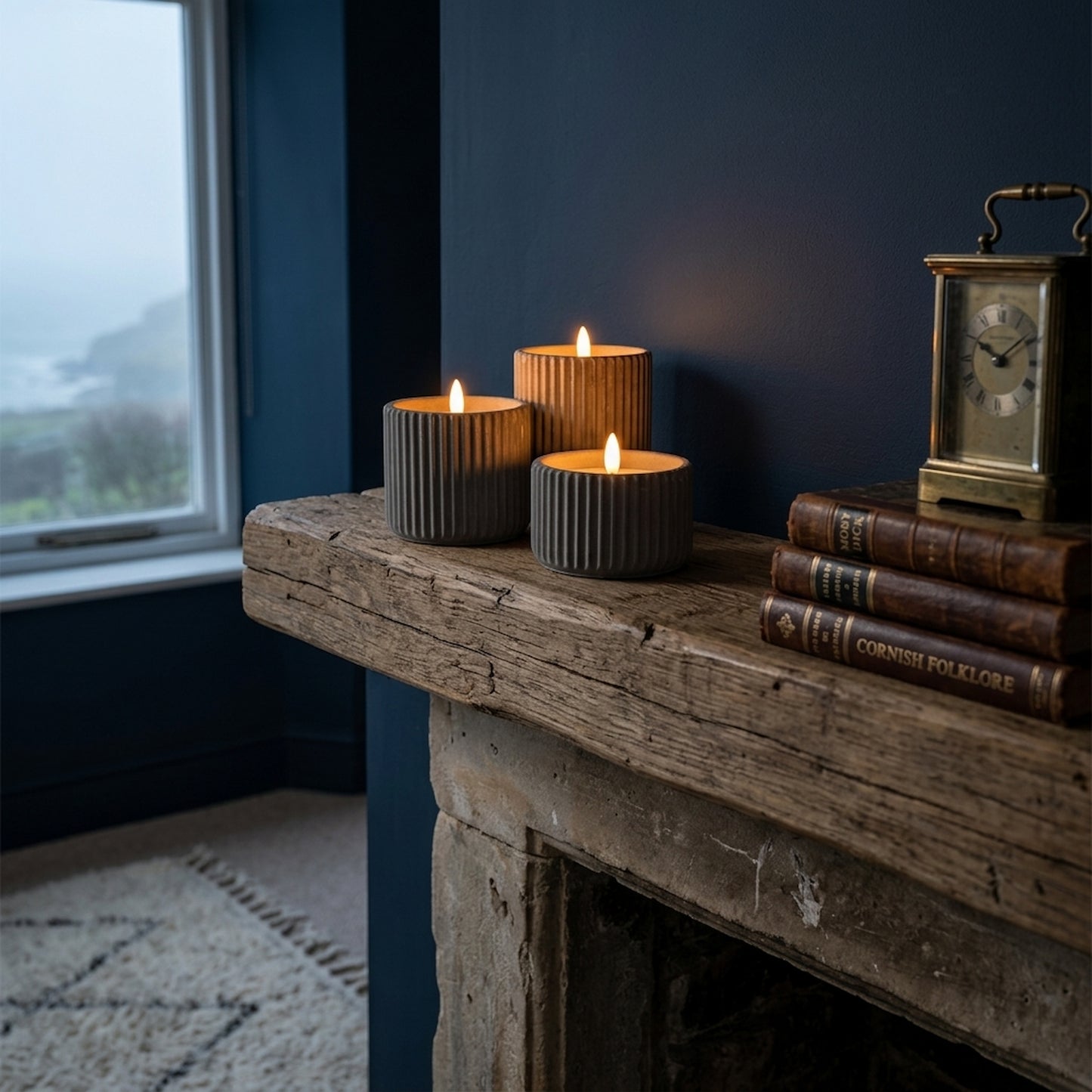 Luxe Collection Natural Glow Grey Ribbed Medium Led Candle