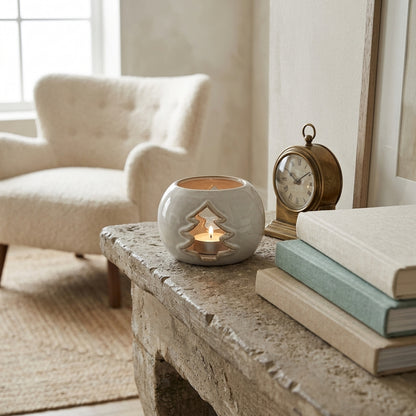 White Ceramic Tree Cut-Out Round Tealight Holder