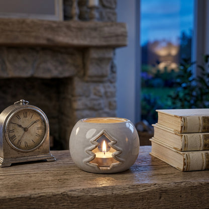 White Ceramic Tree Cut-Out Round Tealight Holder