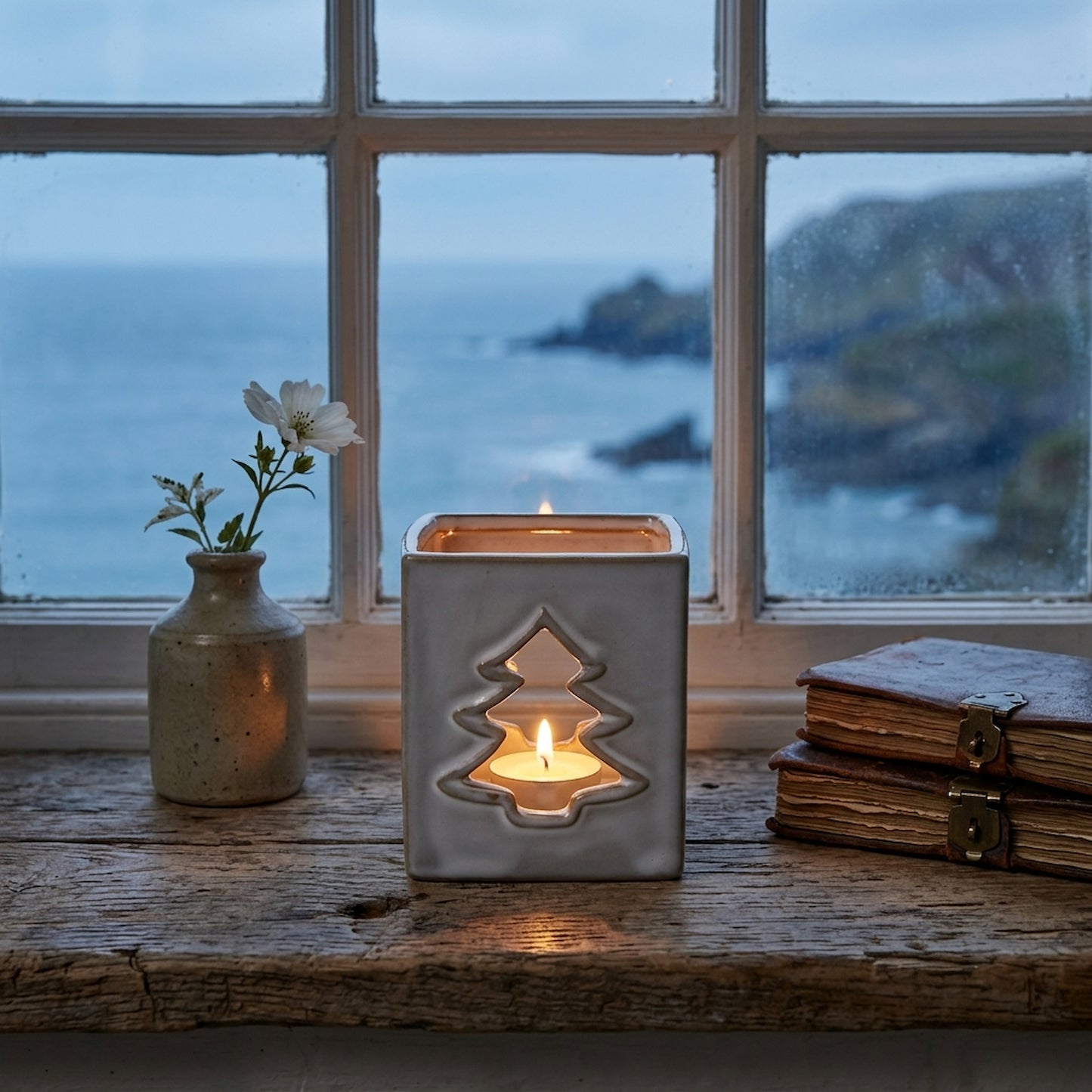 White Ceramic Tree Cut-Out Square Tealight Holder