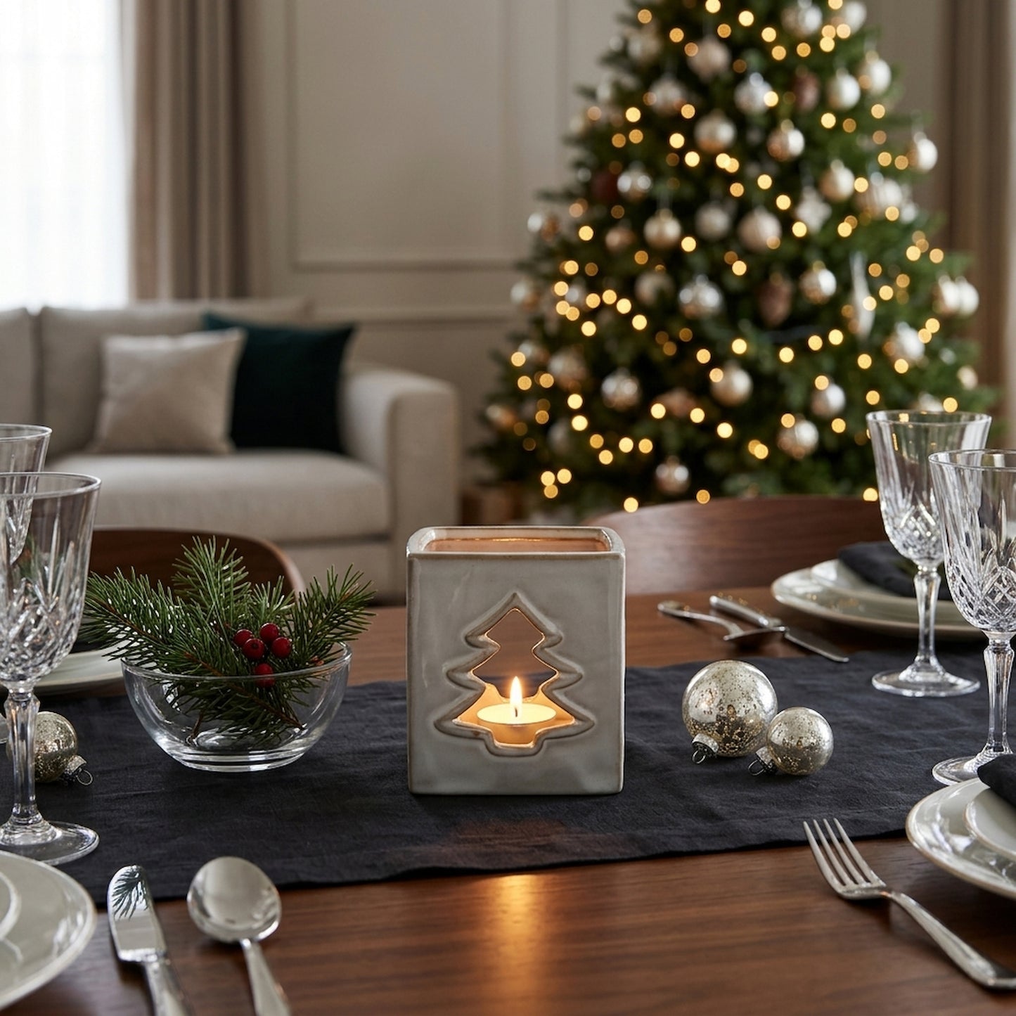 White Ceramic Tree Cut-Out Square Tealight Holder