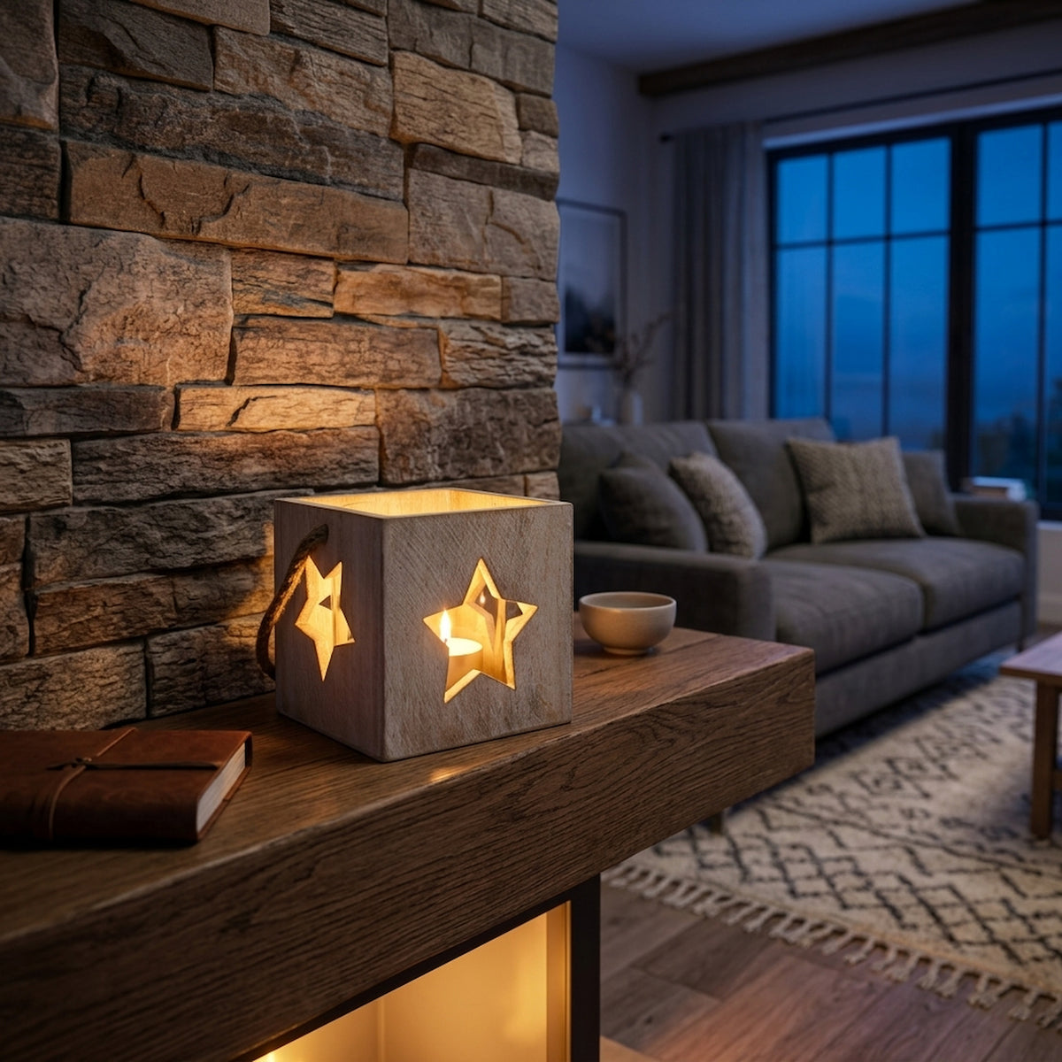Washed Wood Large Star Tealight Candle Holder